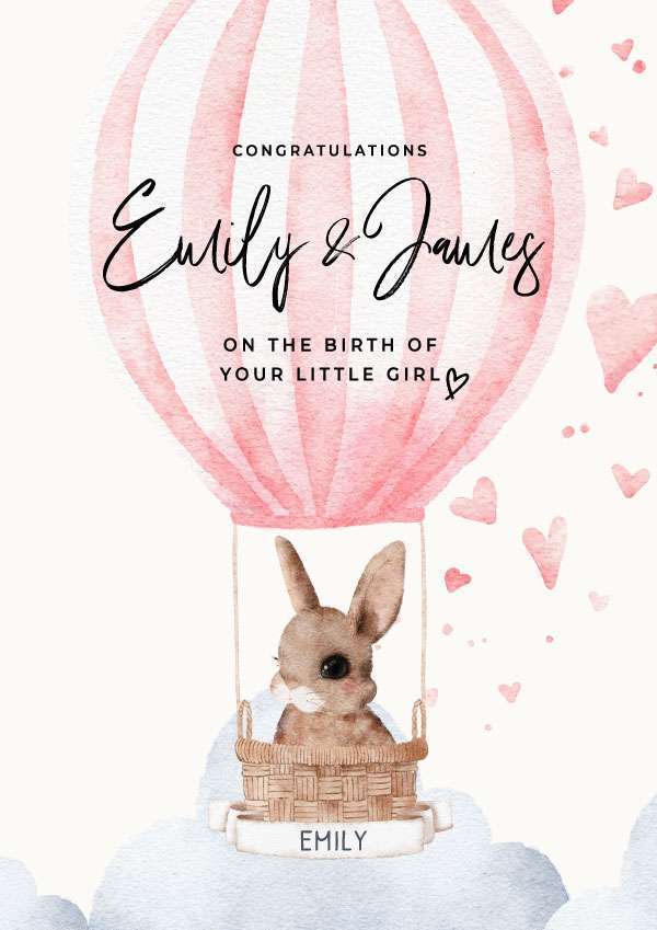 Personalised New Baby Girl Congratulations Bunny in Hot Air Ballon Card