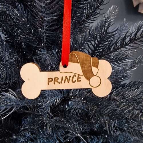 Bone with Christmas Hat Dog Wooden Christmas Tree Decoration