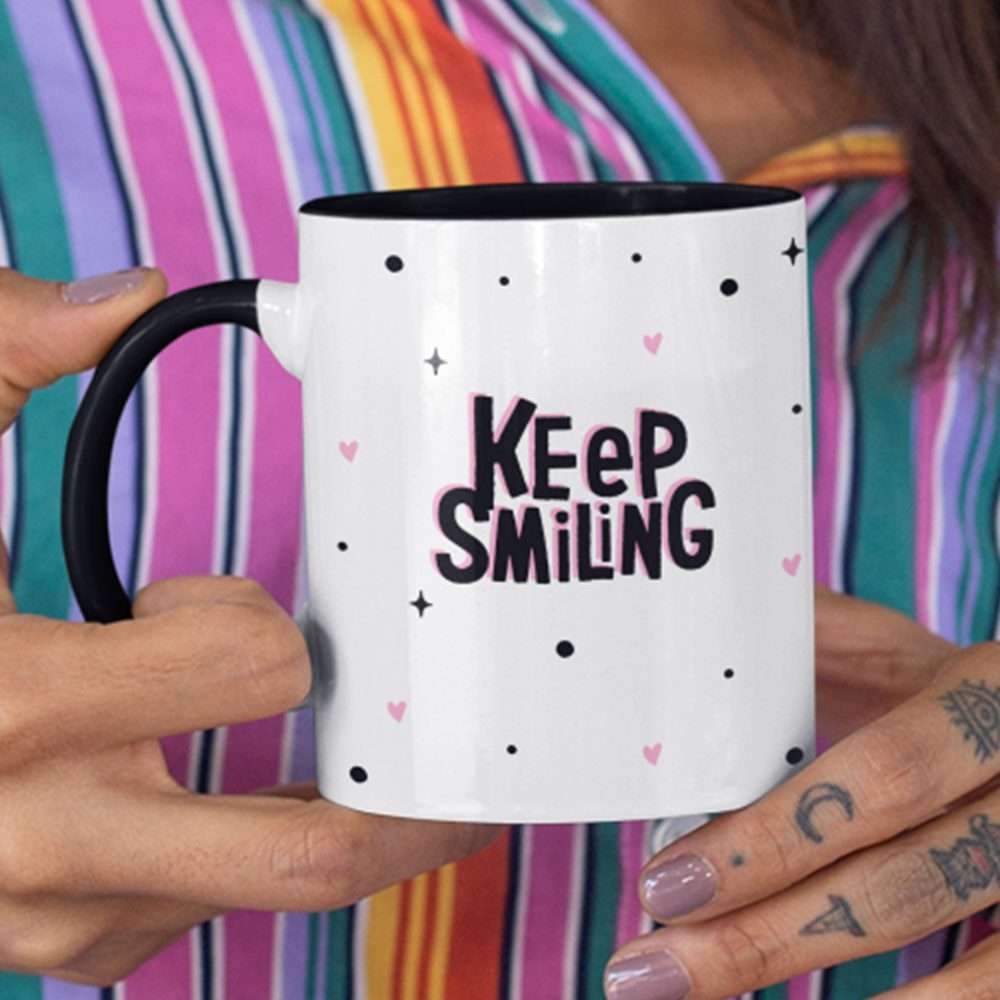 Black Keep Smiling Polka Dot Mug
