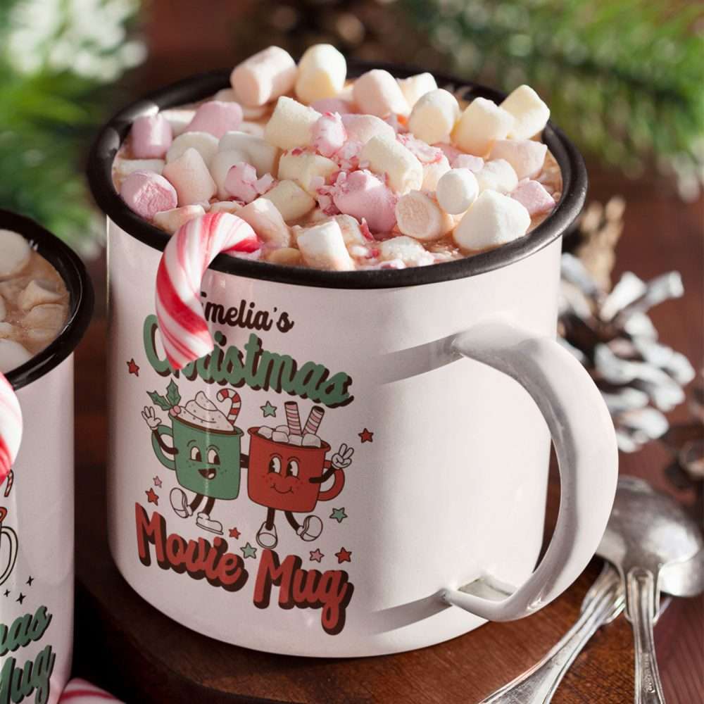 Personalised Retro Childs Enamel Christmas Movie Mug Featuring Two Cups of Hot Chocolate Personalised Retro Childs Enamel Christmas Movie Mug Featuring Two Cups of Hot Chocolate
