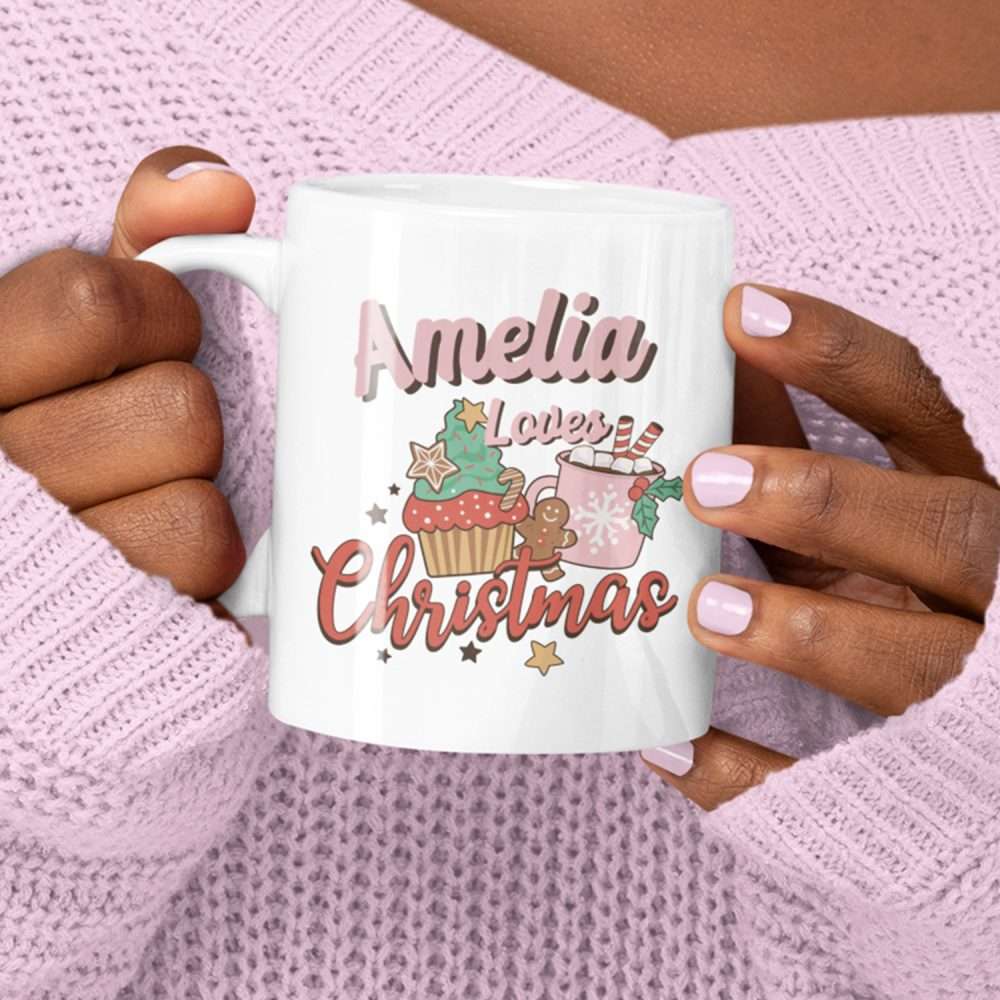 Personalised Retro Loves Christmas Mug Featuring Cupcake, Gingerbread Man & Mug
