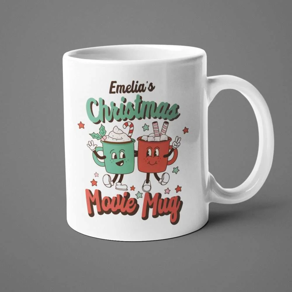 Personalised Retro Christmas Movie Mug Featuring Two Mugs of Hot Chocolate