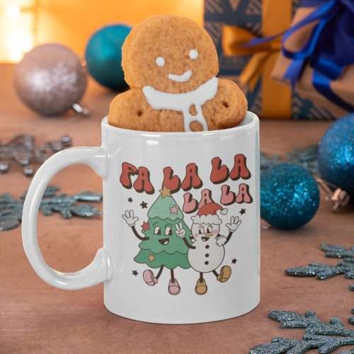 Retro Fa La La La La La Christmas Mug Featuring Christmas Tree & Snowman Dancing