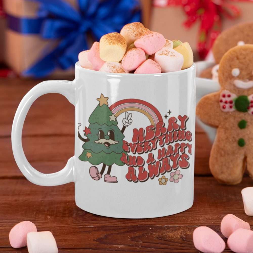 Retro Merry Everything and a Happy Always Christmas Mug Featuring Rainbow & Christmas Tree Retro Merry Everything and a Happy Always Christmas Mug Featuring Rainbow & Christmas Tree