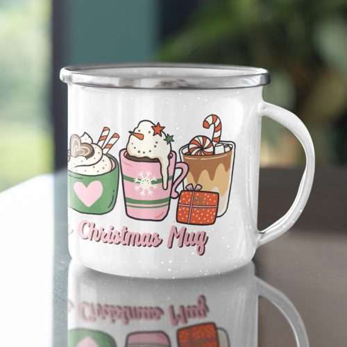 Personalised Retro Childs Enamel Christmas Movie Mug Featuring 4 Mugs of Hot Chocolate