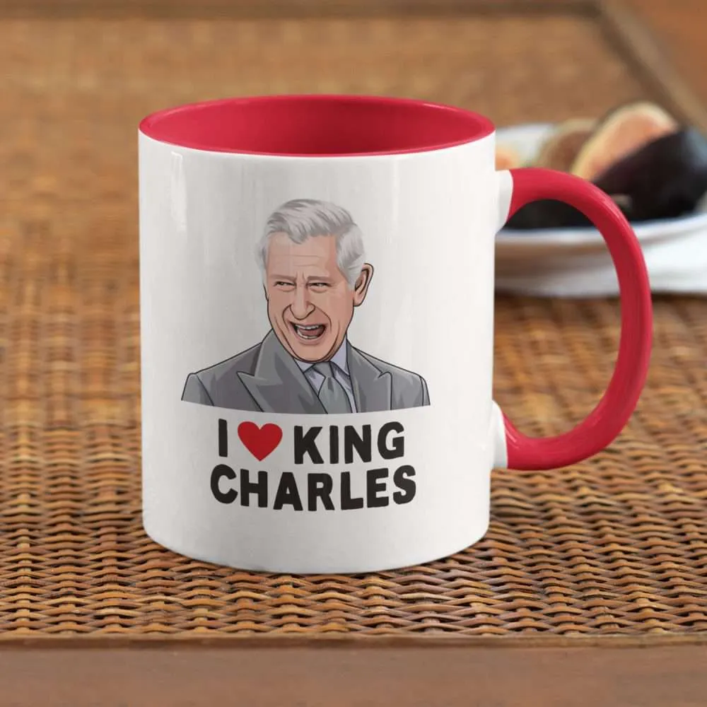 I Love King Charles Mug with Red Handle Coronation Souvenir Great Keepsake