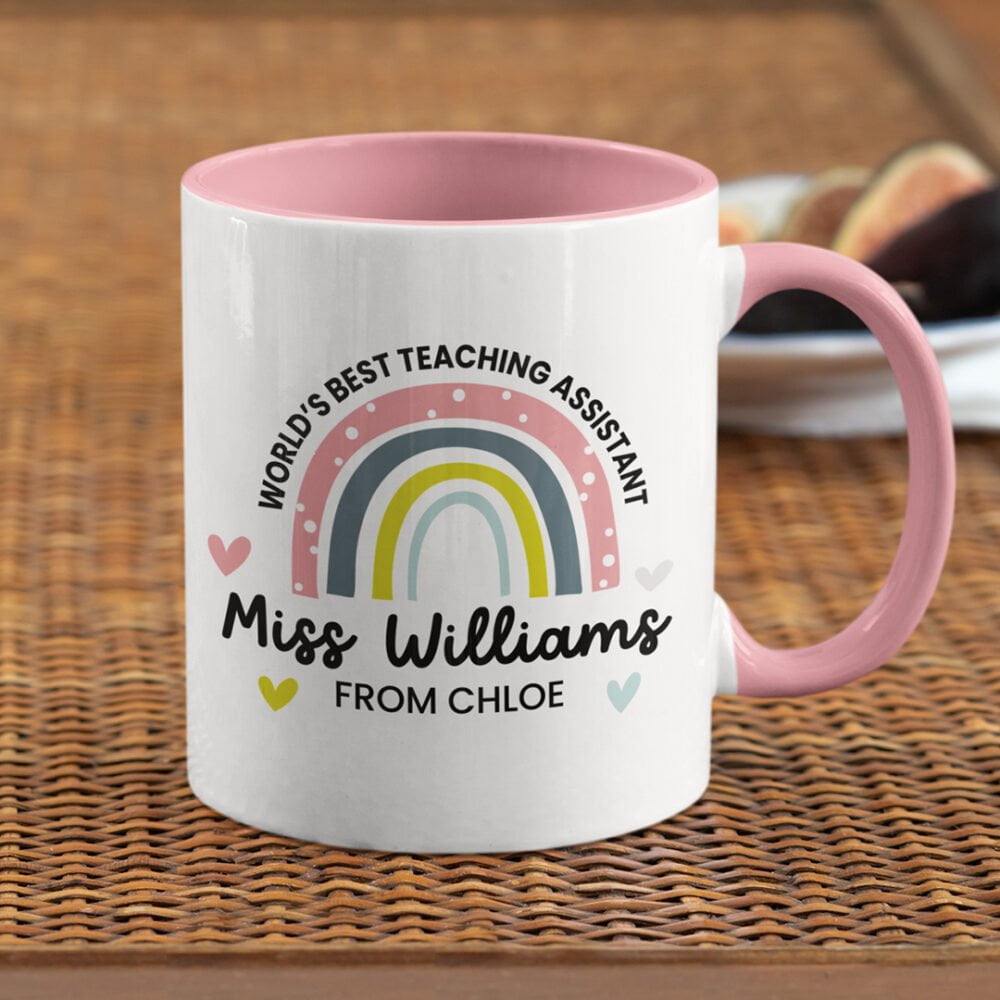 Personalised World's Best Teaching Assistant Mug Pink Handle & Inner