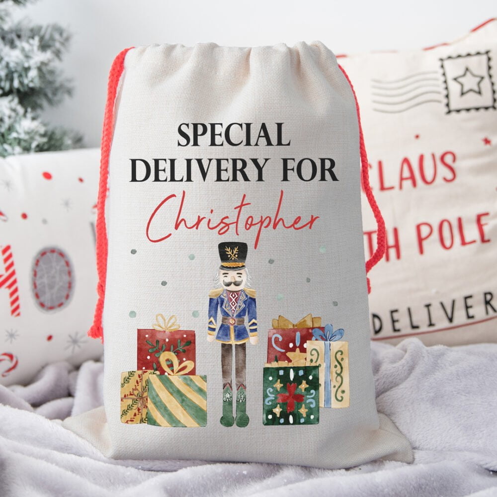 Personalised Nutcracker in Blue Christmas Santa Sack Personalised Nutcracker in Blue Christmas Santa Sack