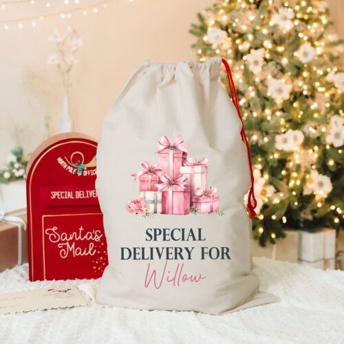 Personalised Presents in Pink Christmas Santa Sack