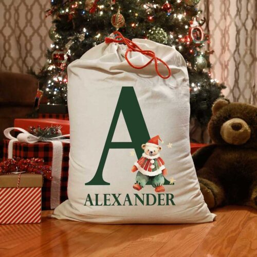 Personalised Letter & Name Teddy Bear First Christmas Christmas Santa Sack