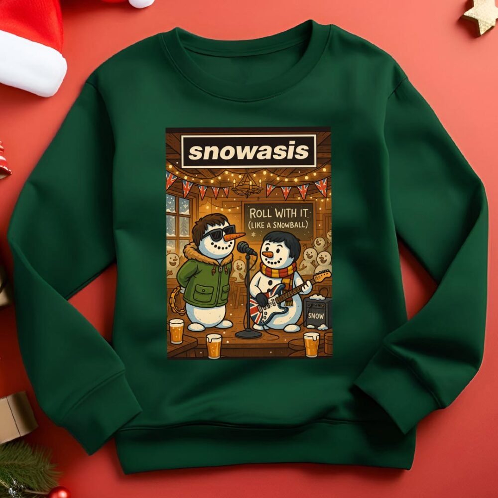 Oasis Roll With It - Snowasis Roll With It (Like a Snowball) Funny Christmas Jumper green