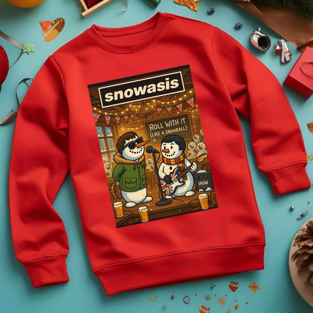Oasis Roll With It - Snowasis Roll With It (Like a Snowball) Funny Christmas Jumper red