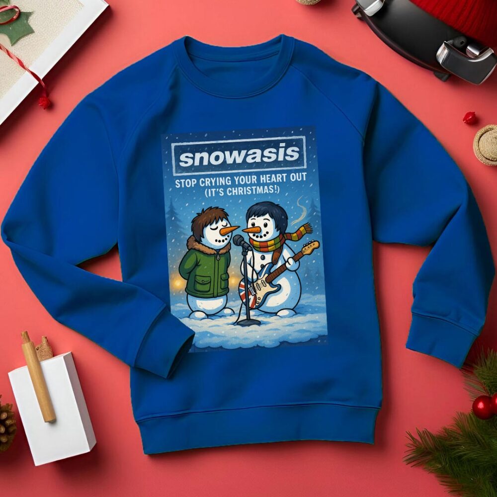 SOasis Champagne Supernova - Snowasis Champagne Suoer-Snow-Va Funny Christmas Jumper Blue Oasis Champagne Supernova - Snowasis Champagne Suoer-Snow-Va Funny Christmas Jumper Blue