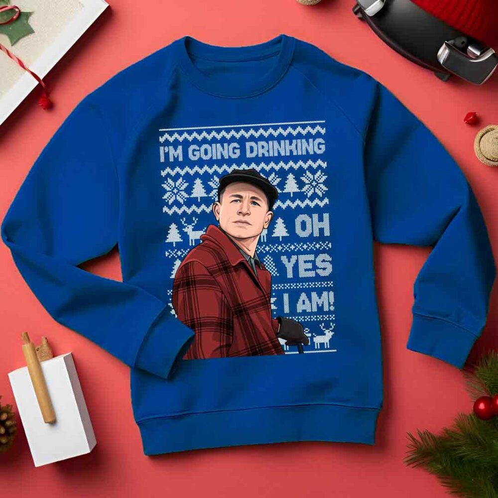 Ed Gein I'm Going Drinking Oh Yes I Am! Christmas Jumper blue